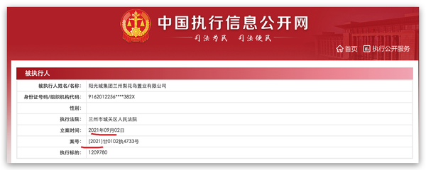 陽(yáng)光城集團(tuán)蘭州梨花島置業(yè)被列為被執(zhí)行人，執(zhí)行標(biāo)的約121萬元